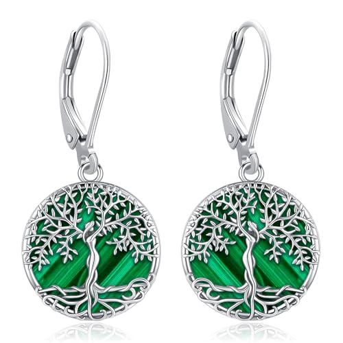 Eusense Baum des Lebens Ohrring 925 Sterling Silber mit Malachit Ohrringe Hängeohrringe Schmuck Geschenk für Frauen Mädchen von Eusense