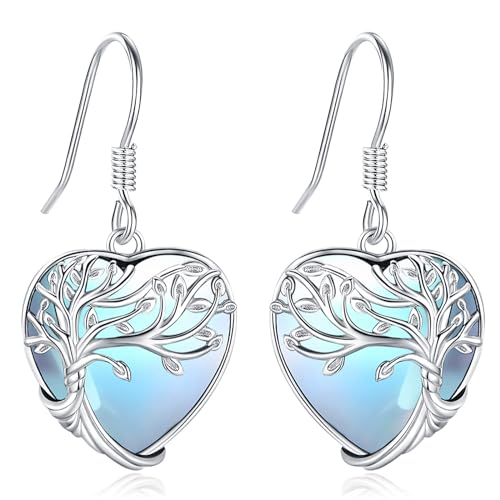 Eusense Baum des Lebens Ohrring Mondstein Ohrringe 925 Sterling Silber Hängende Ohrringe Schmuck Geschenk für Damen Frauen Mädchen von Eusense