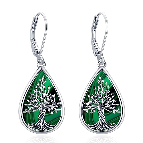 Eusense Baum des Lebens 925 Sterling Silber Wasser Tropfen Ohrringe mit Malachit Baum des Lebens hängende Ohrringe Schmuck Geschenk für Damen Frauen Mädchen von Eusense
