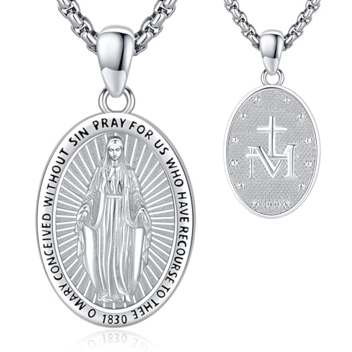 Eusense Heilige Jungfrau Maria Halskette St Mary Anhänger 925 Sterling Silber Saint Kette Katholischer Religiöser Schmuck Medaille Schutzamulett für Frauen Damen von Eusense