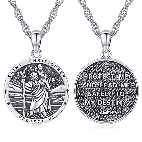 Eusense Heiliger Christophorus Anhänger Silber 925 St Christopher Medaille Kette Saint Christoph Halskette Schmuck Religiöser Amulett für Herren Damen von Eusense