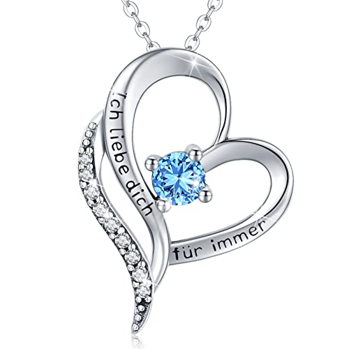 Eusense Ich liebe Dich für Immer Anhänger Geburtsstein Marsch Halskette Herz Kette 925 Silber Hochzeitstag Valentinstag Geburtstags Schmuck Christmas Geschenk für Damen Mama Freundin Mädchen von Eusense