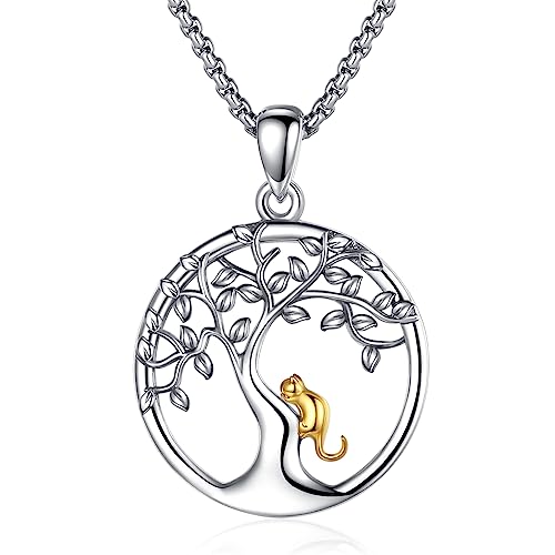 Eusense Katze Kette Katzen Gold Anhänger Baum Halskette 925 Silber Schmuck für Damen Mädchen von Eusense