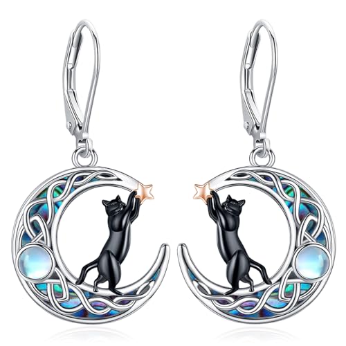 Eusense Katze Ohrringe Katze Mond Ohrringe 925 Sterling Silber Mondstein Dangle Drop Ohrringe Schmuck Geschenk für Katzenliebhaber Damen Frauen Mädchen von Eusense