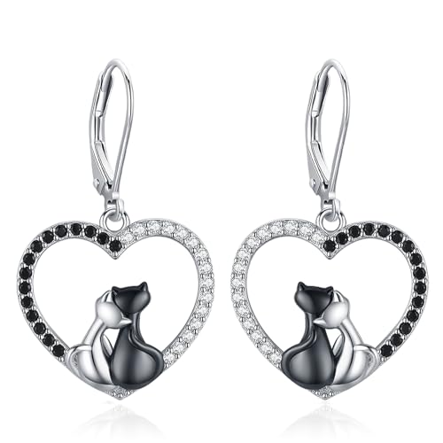 Eusense Katze Ohrringe Schwarz Katze Herz Ohrringe 925 Sterling Silber Herz Katze Baumeln Tropfen Ohrringe Schmuck Geschenk für Katzenliebhaber Frauen Mädchen von Eusense