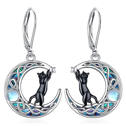 Eusense Katze Ohrringe Schwarze Katze Mond Ohrringe 925 Sterling Silber Mondstein baumeln Tropfen Ohrringe Schmuck Geschenk für Katzenliebhaber Frauen Mädchen von Eusense