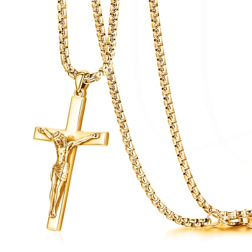 Eusense Kreuz Anhänger Gold Kruzifix Jesus Christus Halskette Kruzifix Halskette Anhänger Kette 925 Sterling Silber Religiöses Katholisches Amulett Schmuck Schutz Geschenk für Männer Frauen von Eusense