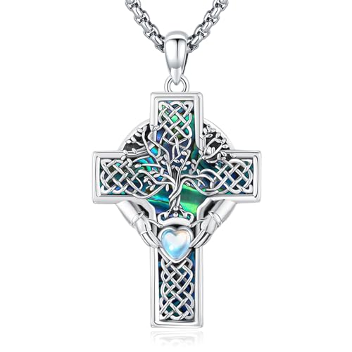 Eusense Kreuz Anhänger Irisches Keltisches Kreuz Halskette 925 Sterling Silber Claddagh Halskette Abalone Shell Kreuz Schmuck Religiöses Geschenk für Männer und Frauen von Eusense