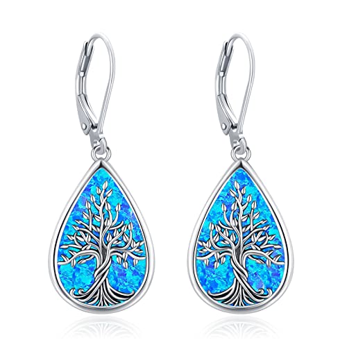 Eusense Lebensbaum Ohrring Baum des Lebens Ohrringe mit Tropfen Haken Blauer Opal Familie Schmuck Geschenk für Damen Mädchen von Eusense