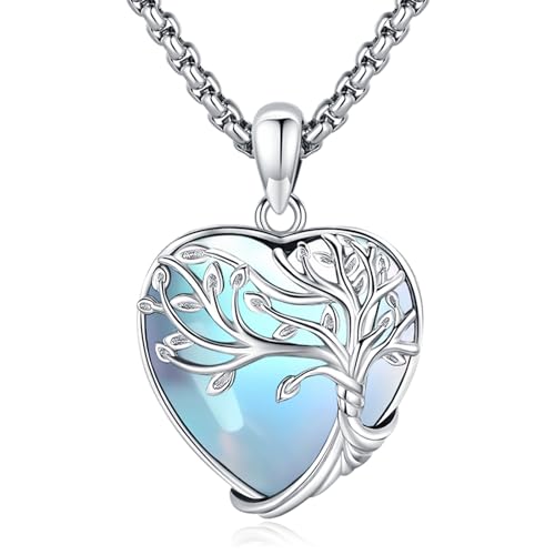 Eusense Mondstein Halskette 925 Sterling Silber Baum des Lebens Halskette Anhänger Herz Anhänger Halskette Schmuck Geschenke für Frauen Mädchen von Eusense