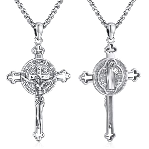 Eusense Saint Benedict Kruzifix Halskette 925 Sterling Silber St Benedikt Heiliger Kette Kruzifix Jesus Kreuz Anhänger Schutz Christian Catholic Patron Anhänger Religiöser Schmuck für Herren Damen von Eusense