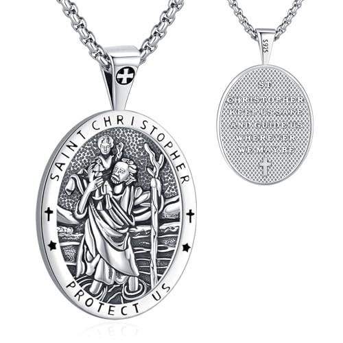 Eusense Saint Christopher Anhänger Halskette 925 Silber St Christopher Anhänger Saint Christopher Anhänger Kette Schmuck religiöses Amulett für Männer Frauen von Eusense
