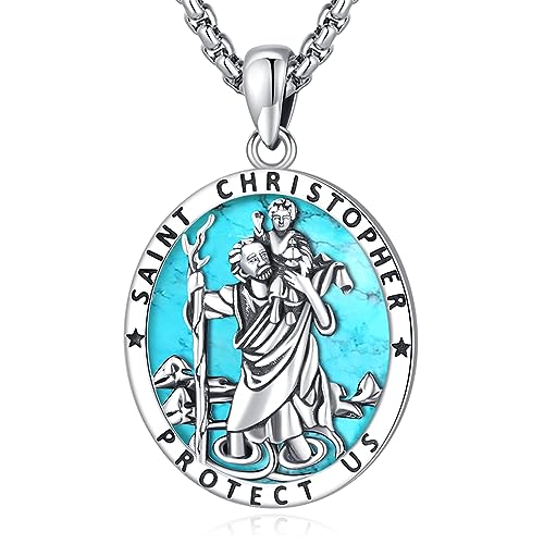 Eusense Sankt Christophorus Anhänger 925 Silber mit Türkis Sankt Christophorus Halskette Anhänger Sankt Christophorus Anhänger Kette Schmuck religiöses Amulett für Männer Frauen von Eusense