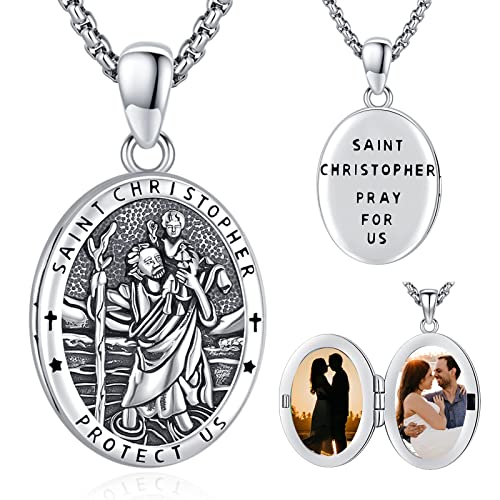 Eusense Sankt Christophorus Medaillon Halskette Sankt Christophorus Anhänger, die Bilder halten 925 Sterling Silber Foto Medaillons Kette Religiöser Schmuck Geschenke Schutz Amulett für Männer Frauen von Eusense