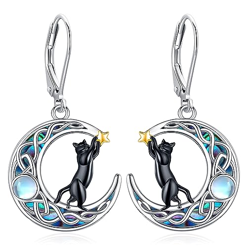 Eusense Schwarz Katze Mond Ohrringe 925 Sterling Silber Katze Ohrringe Mondstein baumeln Tropfen Ohrringe Schmuck Geschenk für Katzenliebhaber Frauen Mädchen von Eusense