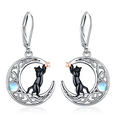 Eusense Schwarz Katze Ohrringe Katze Mond Ohrringe 925 Sterling Silber Mondstein baumeln Tropfen Ohrringe Schmuck Geschenk für Katzenliebhaber Frauen Mädchen von Eusense