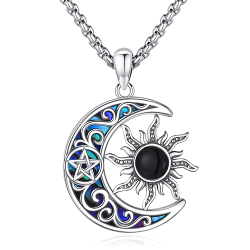 Eusense Sonne Mond Halskette 925 Sterling Silber Abalone Muschel und Schwarz Onyx Sonne Anhänger Mond Halskette Kette Schmuck Geschenk für Damen Frauen Mädchen von Eusense