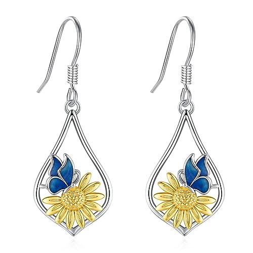 Eusense Sonnenblume Ohrringe 925 Sterling Silber Schmetterling Ohrringe Sonnenblume Ohrstecker Blume Ohrringe Schmuck Geschenke für Frauen Mädchen von Eusense