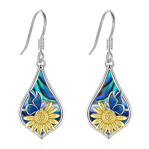 Eusense Sonnenblume Ohrringe 925 Sterling Silber mit Abalone Muschel Schmetterling Ohrringe Sonnenblume Ohrstecker Blume Ohrringe Schmuck Geschenke für Frauen Mädchen von Eusense