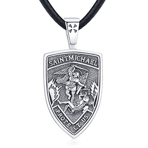 Eusense St Michael Halskette für Herren Damen, 925 Sterling Silber Schutzanhänger mit Erzengel, Engel Schutzheiligen Amulett, Schmuck Geschenk für Jungen Mädchen mit Lederseil 61 cm von Eusense