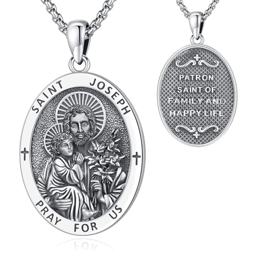 Eusense St. Joseph Medaille Halskette 925 Sterling Silber Saint Joseph Anhänger Kette Schutz religiösen Amulett Schmuck Geschenk für Männer und Frauen von Eusense