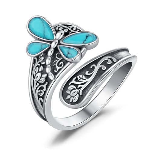 Eusense Türkisringe 925er Sterlingsilber Libellen Löffelring Verstellbare Daumenringe Vintage Antikringe für Damen Schmuckgeschenke von Eusense