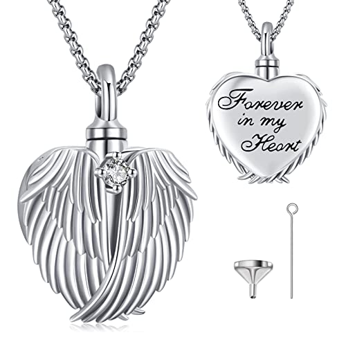 Eusense Urnen Kette für Asche Anhänger zum befüllen Engelsflügel Urne Halskette Forever in My Heart Medaillon Feuerbestattung Schmuck in Silber 925 für Damen von Eusense