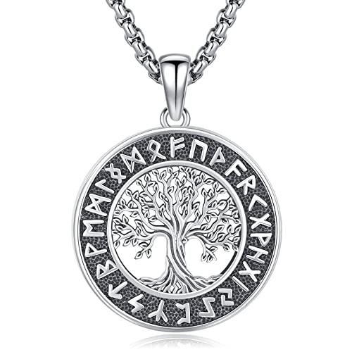 Eusense Viking Baum des Lebens Halskette 925 Sterling Silber Baum des Lebens Anhänger Kette Wikinger Rune Kreis Kette Amulett Nordic Viking Schutz Schmuck Geschenk für Damen Mädchen von Eusense