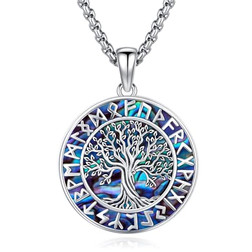 Eusense Viking Baum des Lebens Halskette 925 Sterling Silber Baum des Lebens Anhänger Kette Wikinger Rune Kreis Kette Amulett Nordic Viking Schutz Schmuck Geschenk für Männer Frauen von Eusense