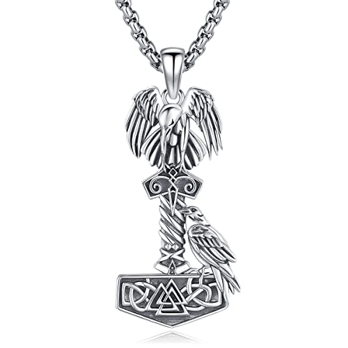 Eusense Viking Jewelry Thor's Hammer Halskette 925 Silber Nordischer Rabe Amulett Mythologie Anhänger Valknut Keltischer Knoten Wikingerkette Geschenk für Herren Damen Männer von Eusense