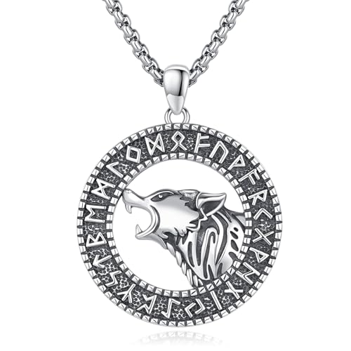 Eusense Wikinger Anhänger 925 Sterling Silber Wolf Halskette Wikinger Runen Anhänger Wolfskopf Anhänger Nordisches Amulett Mythologie Schmuck Geschenk für Männer Frauen von Eusense