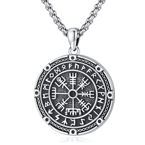 Eusense Wikinger Kompass Anhänger Sterling Silber Vegvisir Halskette Norse Viking Halskette für Frauen Nordic Rune Schmuck für Männer Frauen von Eusense