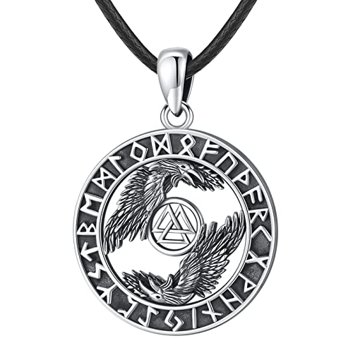 Eusense Wikinger Schmuck Rune Odin Valknut Rabe Halskette 925 Silber Nordisches Amulett Mythologie Viking Anhänger Kette Geschenk für Herren Damen von Eusense