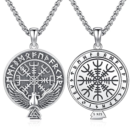 Eusense Wikingerschmuck für Männer Vegvisir Halskette 925 Sterling Silber Wikinger Rabe Kompass Anhänger Nordische Mythologie Amulett Wikinger Geschenk für Frauen von Eusense