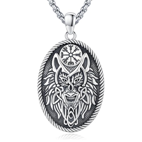 Eusense Wolf Halskette Wikinger Anhänger 925 Sterling Silber Wikinger Runen Halskette Wolfskopf Anhänger Nordisches Amulett Mythologie Schmuck Geschenk für Männer Frauen von Eusense