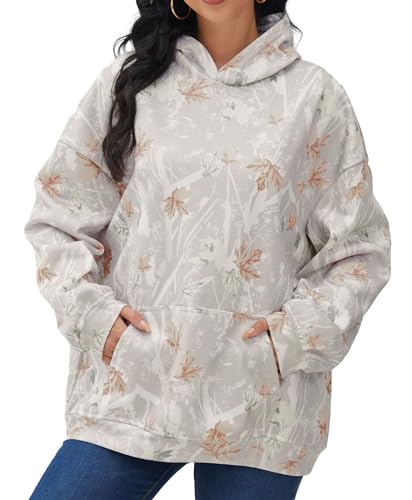 Damen Camo Hoodies Ahornblatt Print Oversized Sweatshirt Fleece Pullover Sweatshirts Langarm mit Tasche Herbst Outfits, GRAU, L von Eutten