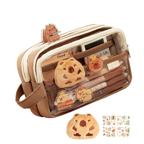 Euyehn Capybara Federmäppchen, transparent, breite Öffnung, niedlicher Arbeitsplatz, Schreibwaren, Make-up-Tasche, stabiles mehrlagiges Federmäppchen mit Aufklebern für und Mädchen, Coffee, von Euyehn