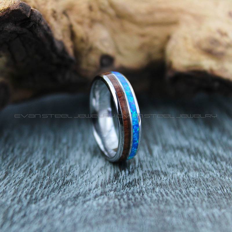 Opalring, 6 Mm Großer Wolframring Mit Gewölbtem Rand, Silber-Wolframring Holzeinlage von EvanSteelJewelry