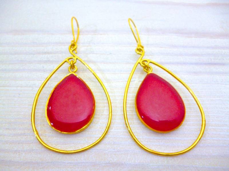 Rot Tropfen Ohrringe, Vergoldeter Handgemachter Schmuck von EvangelosJewellery