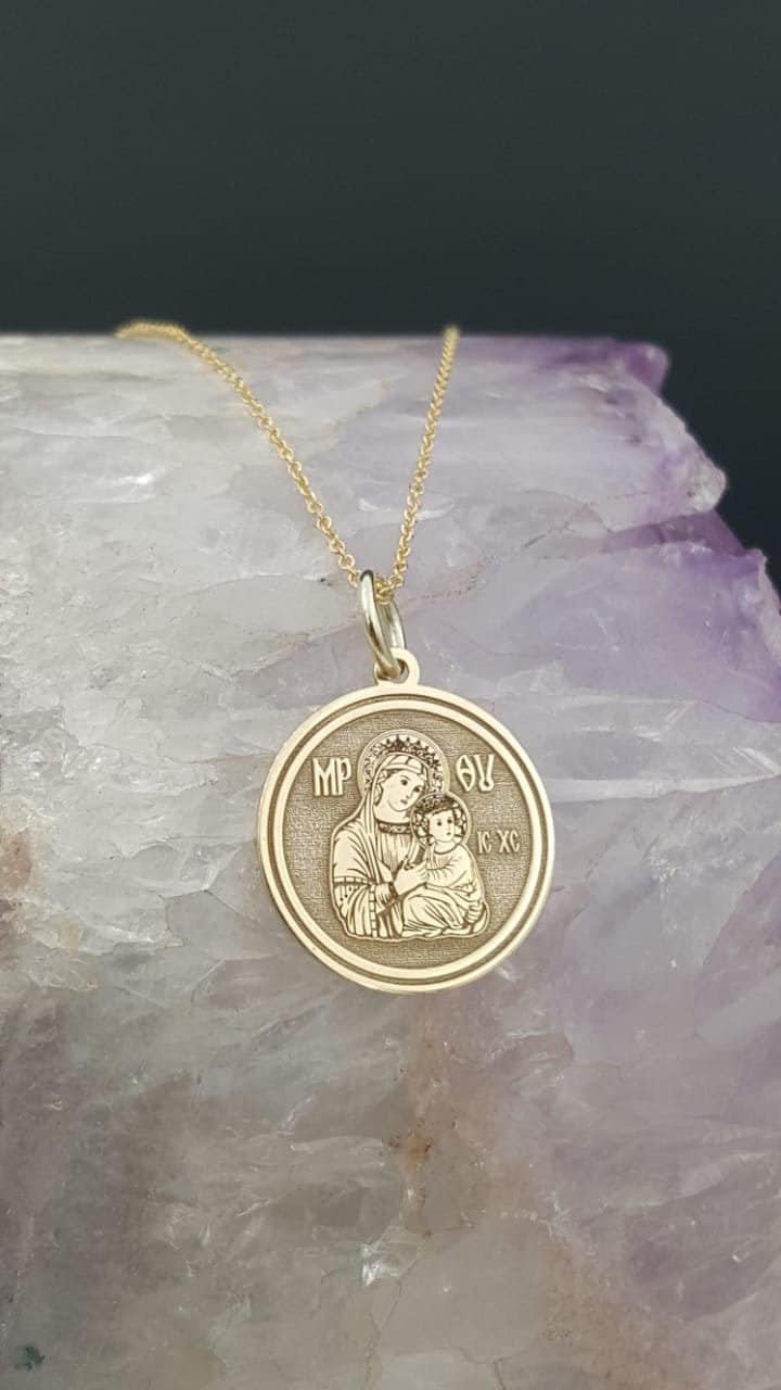 14K Solid Gold Jungfrau Maria Münze Halskette, Zierlicher Medaillon Anhänger 14K Solid Gold Jungfrau Maria Münze Halskette, Zierlicher Medaillon Anhänger von EvangelosJewels