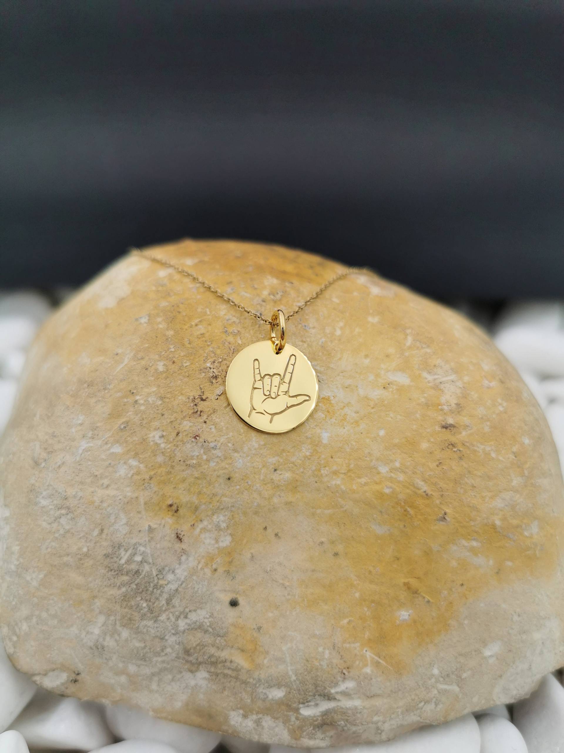 Zierliche 14K Solid Gold Asl Gebärdensprache Halskette, Personalisierte Ich Liebe Dich Anhänger, Ich Zeichen Liebe Anhänger von EvangelosJewels