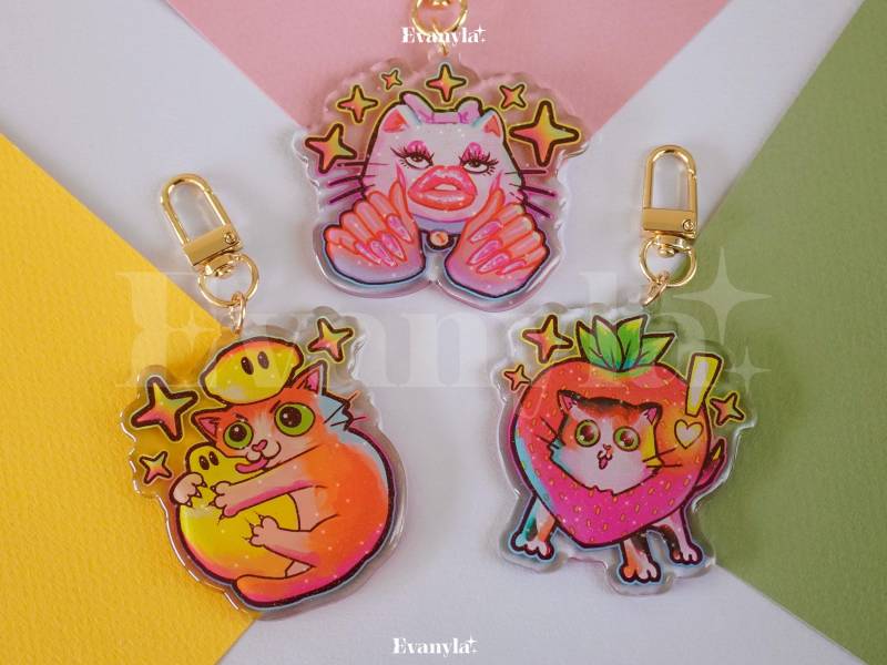 Süße Glitzer Katze Acryl Schlüsselanhänger - Cvnty, Zitrone Und Erdbeere Katzen Anhänger Lustiges Kawaii Zubehör | Kätzchen Katzenliebhaber von Evanyla