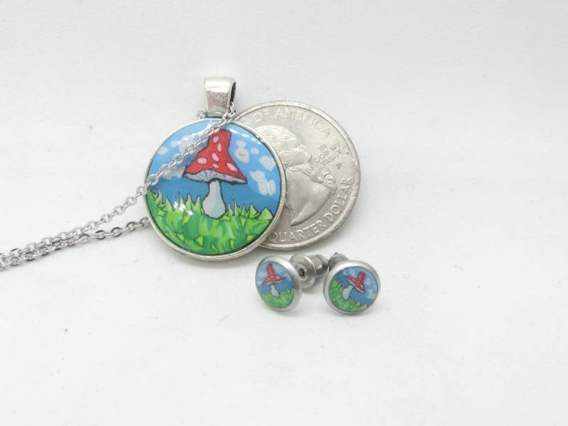 Pilz Polymer Clay Cane Schmuck Set, Roter Pilz, Himmel & Gras, Silber, Hypoallergen, Geschenke Für Sie, Naturliebhaber, Süße Pilz Polymer Clay Cane Schmuck Set, Roter Pilz, Himmel & Gras, Silber, Hypoallergen, Geschenke Für Sie, Naturliebhaber, Süße von EvasGardenOfNH