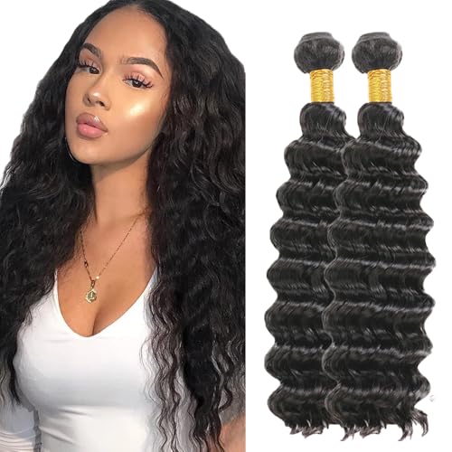 Evaxilc 2 Bundles Human Hair Bundles Extension Echthaar perücke Double Weft Bundles Virgin Hair Deep Wave Unprocessed 1B Natural Black Color Minimal Shedding For Women 24 26 Inch von Evaxilc