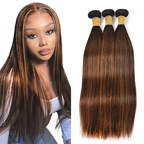 Evaxilc 3 Bundles Human Hair Bundles Extension Echthaar perücke Double Weft Bundles Virgin Hair Straight Unprocessed P430 Highlight Brown Minimal Shedding For Women 18 20 22 Inch von Evaxilc