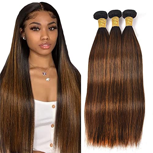 Evaxilc 3 Bundles Human Hair Bundles Extension Echthaar perücke Double Weft Bundles Virgin Hair Straight Unprocessed P430 Highlight Brown Minimal Shedding For Women 20 22 24 Inch von Evaxilc