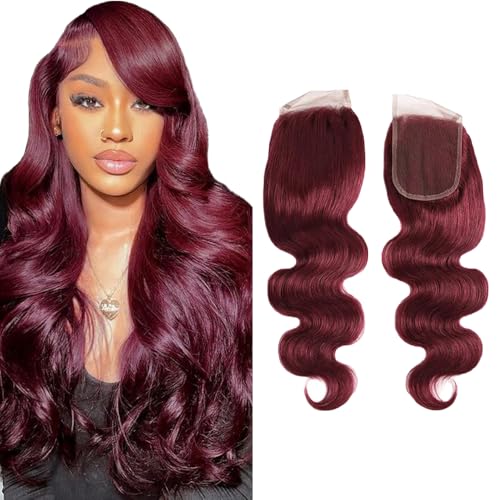 Evaxilc 4x4 Lace Closure #99J Red Burgundy 8A Grade Body Wave Top Lace Closure 100% Unprocessed Brazilian Virgin Menschenhaar Extension Pre Plucked Natural Hairline For Women 20 Inch von Evaxilc