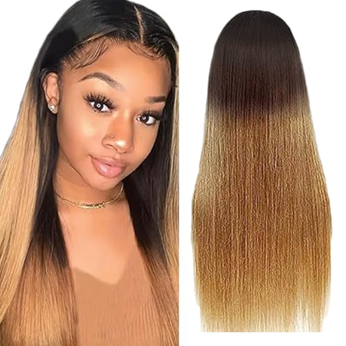 Evaxilc 5x5 HD Lace Front Wig Human Hair Wig Brazilian Virgin Hair No Tangle Straight Echthaar Perücke T1B427 Black Root Ombre Brown 150% Density For Women 16 Inch von Evaxilc