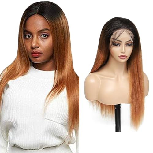 Evaxilc 5x5 HD Lace Front Wig Human Hair Wig Brazilian Virgin Hair No Tangle Straight Echthaar Perücke T1B430 Black Root Ombre Brown 150% Density For Women 20 Inch von Evaxilc