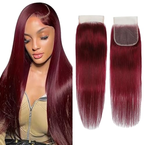 Evaxilc #99J Red Burgundy 4x4 Lace Closure 8A Grade Straight Top Lace Closure 100% Unprocessed Brasilianische Virgin Menschenhaar Extension Pre Plucked Natural Hairline For Women 20 Inch von Evaxilc